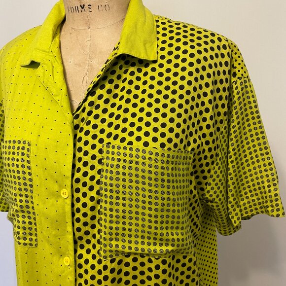 Vintage 1980s 90s Polka Dot Funky Rayon Lime Green Brat Summer Button Up Blouse - Picture 2 of 16